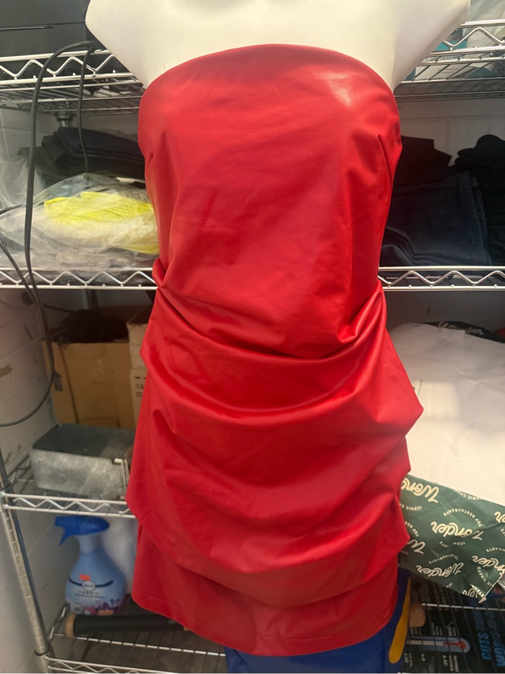 Red Strapless Satin Ruched Mini Dress